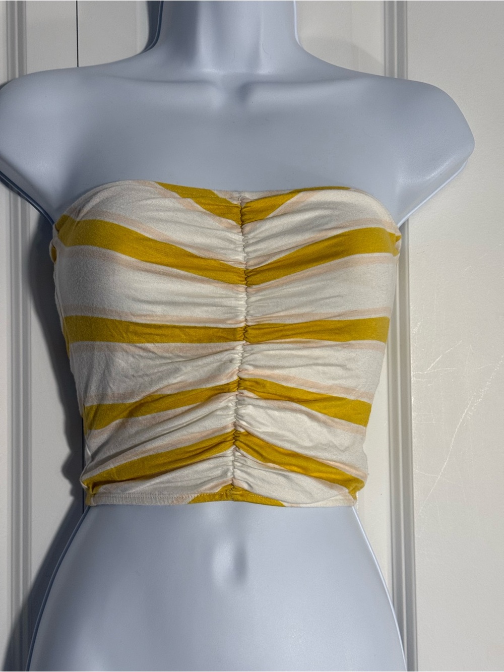 Billabong Yellow and White Ruched Strapless Crop Top
